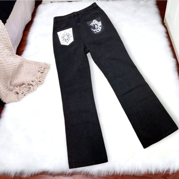 HIGH RISE WIDE LEG FLARE TWO TONE CONTRAST BLACK WHITE CELESTIAL GRUNGE JEANS 90 - Picture 7 of 11